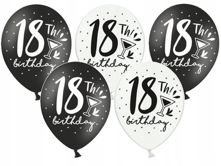 Balony pastelowe czarno białe na 18 urodziny 5szt