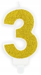 Świeczka Złota Brokatowa na 3 urodziny tort cyfra