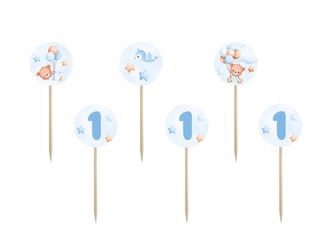 TOPPER MISIE Z BALONIKAMI niebieskie błękitne pikery na tort ROCZEK 6szt