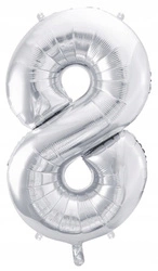 Balon SREBRNY foliowy CYFRA 8 na urodziny jubileusz rocznicę imprezę 100cm