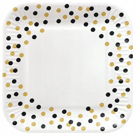 Talerzyki Kwadratowe Konfetti Czarne Złote na Urodziny Gold-Black 23cm 8szt