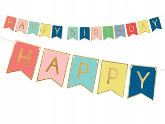 Baner KOLOROWY złoty napis HAPPY BIRTHDAY 15x175cm