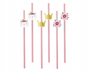 Słomki RÓŻOWE papierowe KOTEK Roczek urodziny 6szt