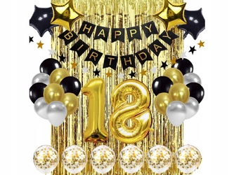 Zestaw złoty na 18 urodziny HAPPY BIRTHDAY Girlanda Balonowa kurtyna 33szt