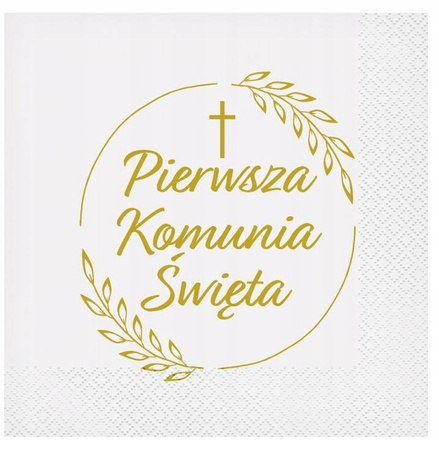 Serwetki białe PIERWSZA KOMUNIA ŚWIĘTA złoty nadruk KŁOSY IHS 33cm 20szt