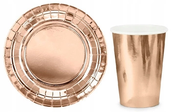 Zestaw RÓŻOWE ZŁOTO Talerzyki Kubeczki 12szt