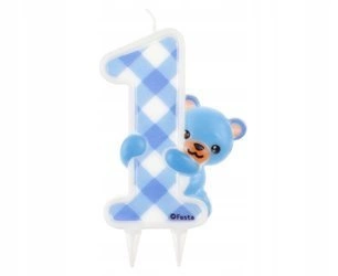 DUŻA Świeczka 1 NIEBIESKI MIŚ na tort JEDYNKA 12cm