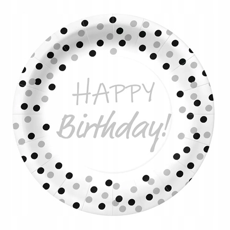 Talerzyki Białe Konfetti Czarne Srebrne Happy Birthday Silver-Black 23cm x8