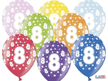 Balony ÓSEMKA 36cm na 8 urodziny 5szt mix kolorów