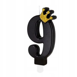 Urodzinowa świeczka czarna 9 cyfra ze złota koroną