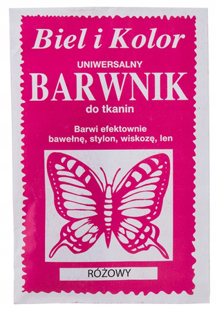 Barwnik do tkanin ubrań RÓŻOWY w proszku farba z motylem Biel i Kolor 1szt