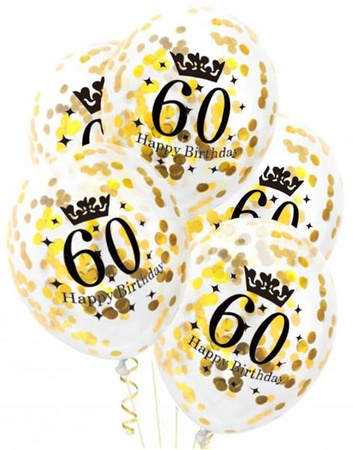 Balony ze ZŁOTYM konfetti na 60 URODZINY 30cm 5szt