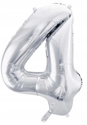 Balon SREBRNY foliowy CYFRA 4 na urodziny jubileusz rocznicę imprezę 100cm