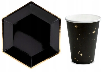 Zestaw CZARNY ZŁOTY Talerzyki Kubeczki 12szt