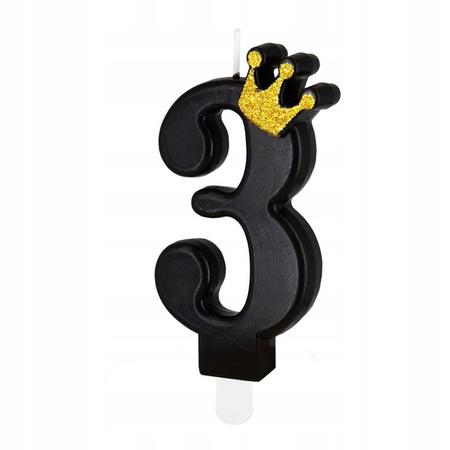 Urodzinowa świeczka czarna 3 cyfra ze złota koroną