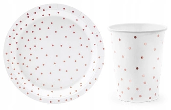 Zestaw KROPKI RÓŻOWE ZŁOTO Talerzyki Kubeczki 12sz