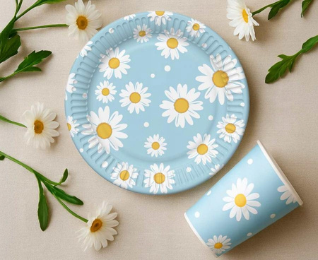 Talerzyki Niebieskie Stokrotki Kwiatki na Urodziny Roczek Lato 18cm 6szt