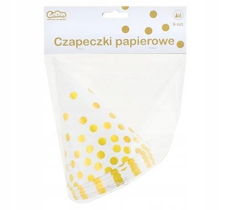 Czapeczki BIAŁE papierowe w ZŁOTE GROSZKI 6szt.