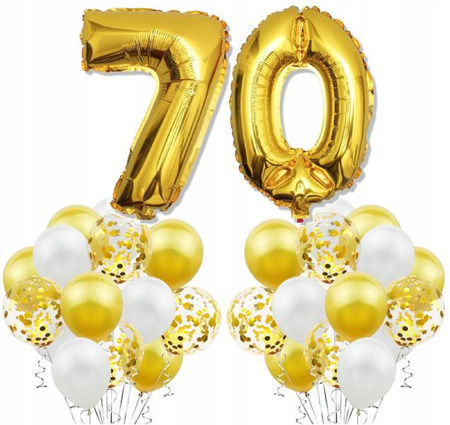 Zestaw ZŁOTE BALONY na 70 URODZINY białe konfetti