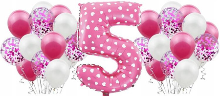 Zestaw RÓŻOWY na 5 URODZINY BALONY biały konfetti