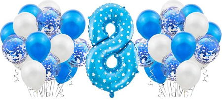 Zestaw NIEBIESKI na 8 URODZINY BALONY konfetti