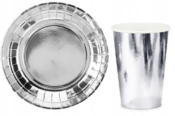 Zestaw SREBRNY Talerzyki Kubeczki urodziny 12szt