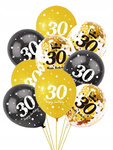 Balony na 30 URODZINY z konfetti ZŁOTE CZARNE HAPPY BIRTHDAY 30cm 9szt