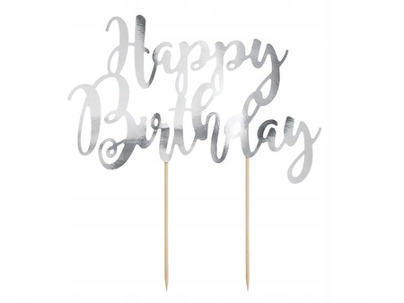 TOPPER na tort HAPPY BIRTHDAY SREBRNY 22cm ROCZEK