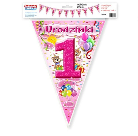 Flagi Girlanda 2m Roczek Urodziny RÓŻOWE 1 jedynki