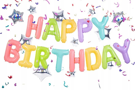 Balony foliowe Kolorowy napis Happy Birthday z Gwiazdkami na Urodziny 395cm