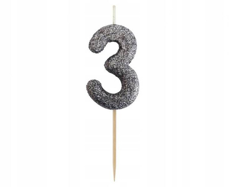 Świeczka piker cyferka 3 brokatowa czarna 11x3,5cm