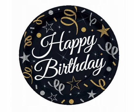 Talerzyki CZARNE na URODZINY HAPPY BIRTHDAY 6szt