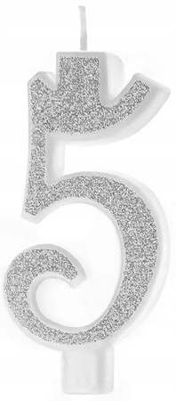 DUŻA Świeczka 5 SREBRNA BROKATOWA na urodziny tort