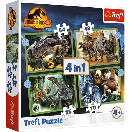 Puzzle GROŹNE DINOZAURY JURASSIC WORLD PREZENT układanki 4w1 TREFL 4+