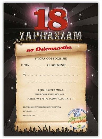 Zaproszenia VIP na 18 urodziny OSIEMNASTKA 10szt