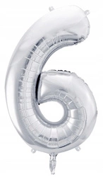 Balon SREBRNY foliowy CYFRA 6 na urodziny jubileusz rocznicę imprezę 100cm