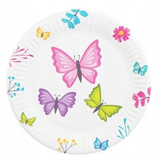 Talerzyki papierowe Motylki kolorowe na Urodziny Roczek Party 18cm 6szt