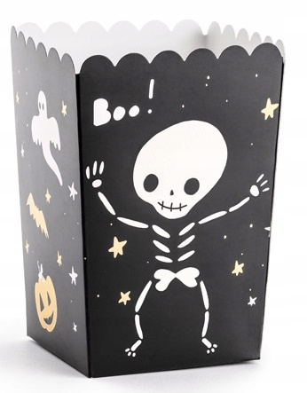 Pudełka BOO! Czarne na Popcorn Słodyczne Duch Dynia Szkielet Halloween 6szt