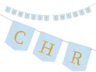 Baner BŁĘKITNY CHRZEST ŚWIĘTY chrzciny girlanda dekoracja złoty napis 200cm