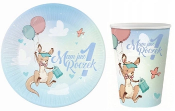 Zestaw KANGUREK Talerzyki Kubeczki na urodziny x12