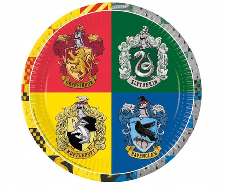 Talerzyki papierowe Harry Potter Hogwarts Houses na urodziny 23cm 8 szt