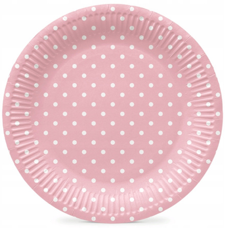 Talerzyki Różowe w Białe Kropki Grochy na Urodziny Dots Light Pink 23cm 8sz