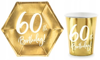 Zestaw ZŁOTY 60 Urodziny Talerzyki Kubeczki 12szt