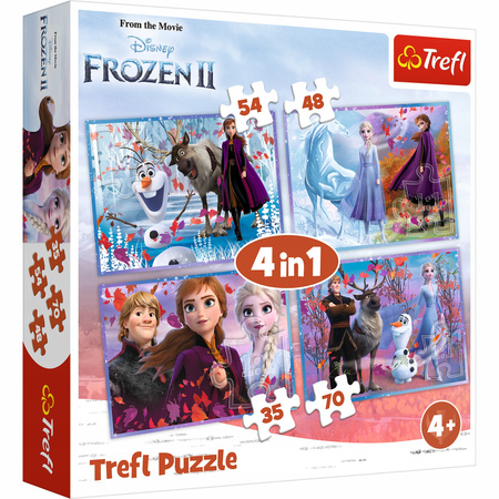 Puzzle KRAINA LODU Podróż w nieznane FROZEN ELZA ANNA OLAF 4w1 TREFL 4+
