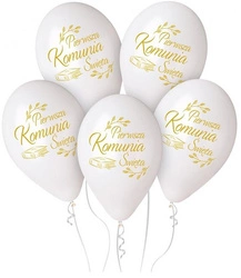 Balony komunijne białe PIERWSZA KOMUNIA ŚWIĘTA złoty nadruk BIBLIA 33cm 5sz