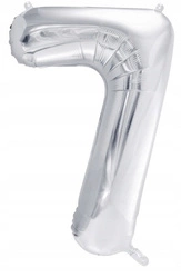 Balon SREBRNY foliowy CYFRA 7 na urodziny jubileusz rocznicę imprezę 100cm