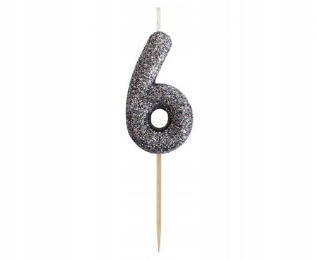 Świeczka piker cyferka 6 brokatowa czarna 11x3,5cm