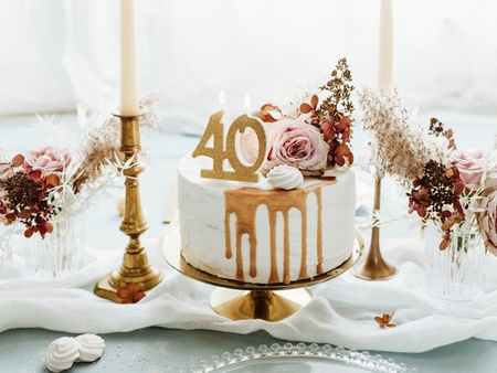 DUŻA Świeczka ZŁOTA BROKATOWA na 40 urodziny tort