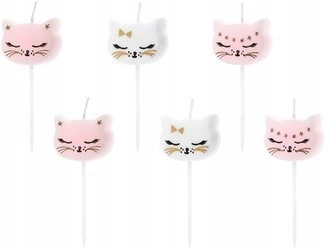 Świeczki KOTEK białe ROŻOWE na urodziny tort 6szt