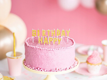 Świeczki HAPPY BIRTHDAY na urodziny ZŁOTE tort